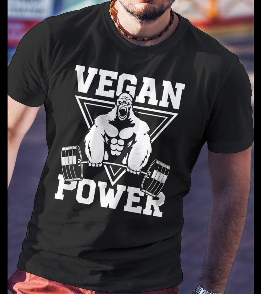 Vegan Power Gorilla Weightlifting Strength Fitness T-Shirt