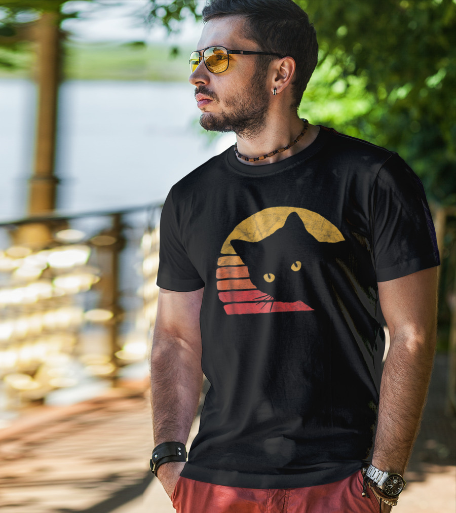 Vintage Eighties Style Cat Distressed Silhouette Retro Sunset T-Shirt