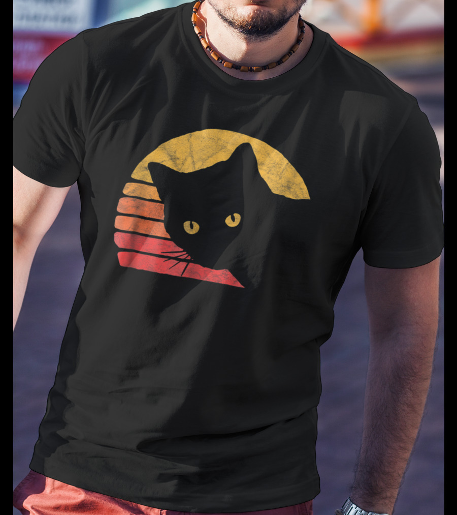 Vintage Eighties Style Cat Distressed Silhouette Retro Sunset T-Shirt