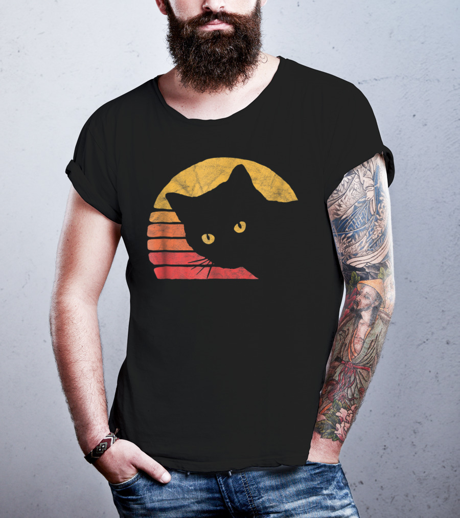 Vintage Eighties Style Cat Distressed Silhouette Retro Sunset T-Shirt