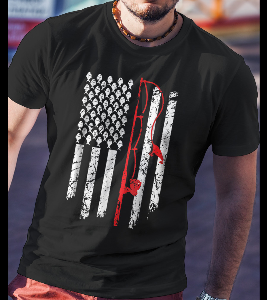 Vintage Fishing Clothes American Flag Bass Fishing Rod Fish T-Shirt