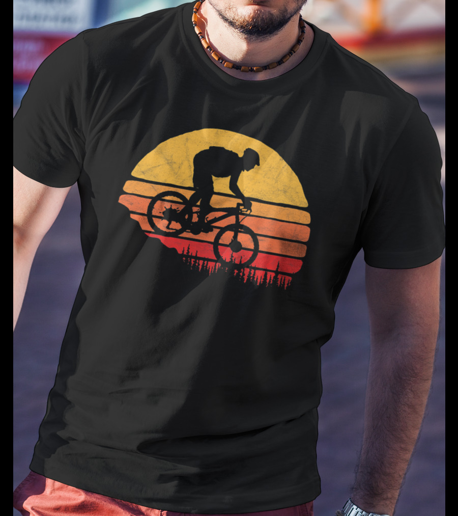 Vintage Mountain Biking Sunset Silhouette Forest Trail T-Shirt