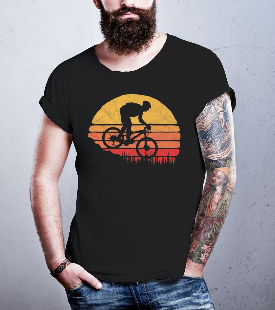 Vintage Mountain Biking Sunset Silhouette Forest Trail T-Shirt