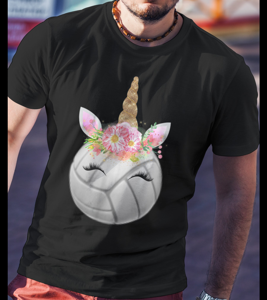 Volleyball Unicorn Funny Sport Love Girls Magical Flower Horn T-Shirt