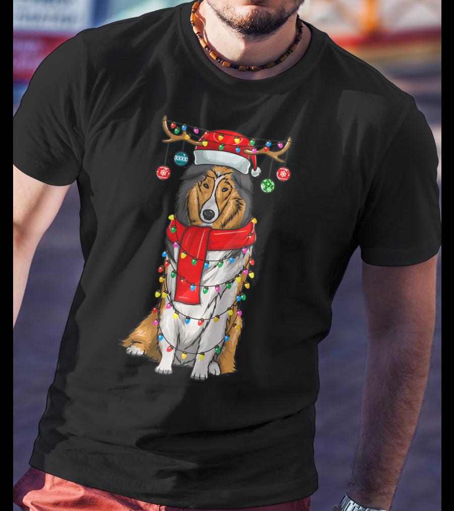 Christmas Cute Collie Dog Wrapped In Holiday Lights With Santa Hat And Antlers T-Shirt