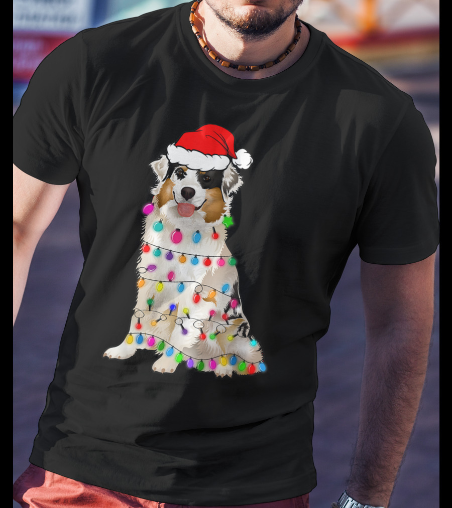 Australian Shepherd Wrapped In Christmas Lights With Santa Hat T-Shirt