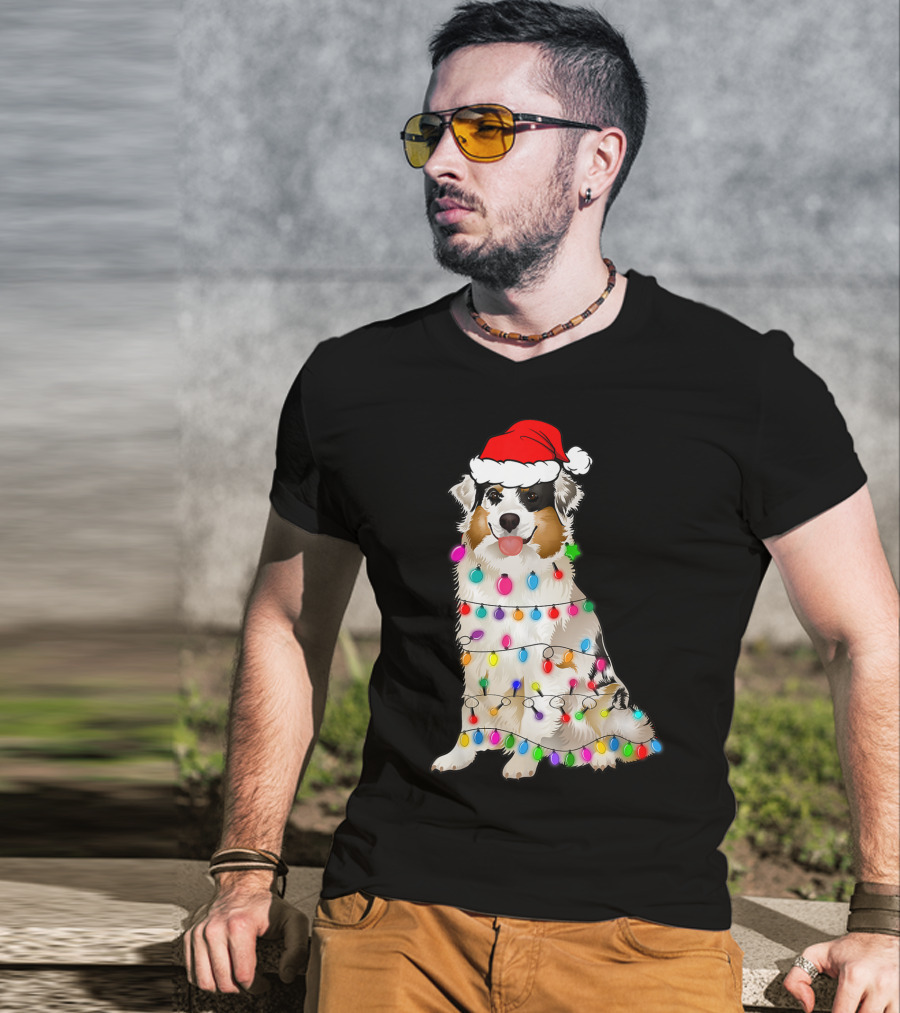 Australian Shepherd Wrapped In Christmas Lights With Santa Hat T-Shirt