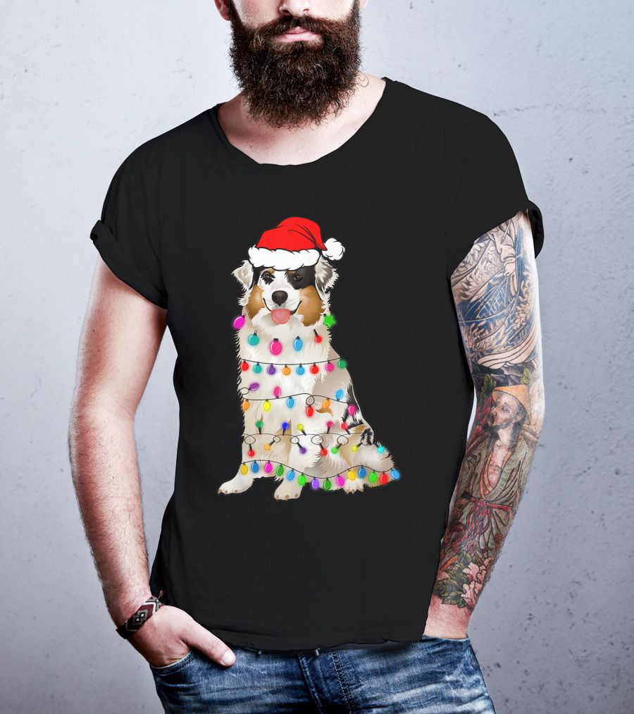Australian Shepherd Wrapped In Christmas Lights With Santa Hat T-Shirt