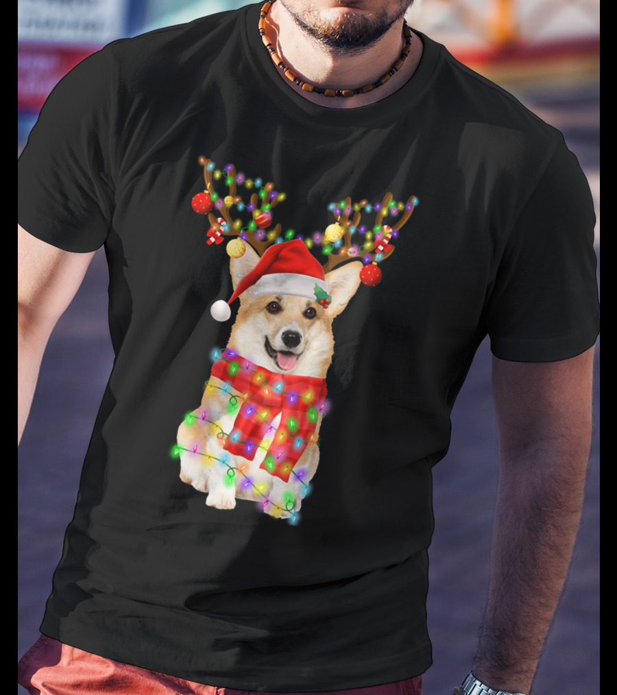 Funny Christmas Corgi Reindeer With Santa Hat And Festive Lights T-Shirt