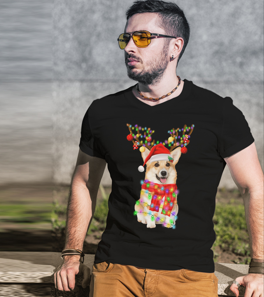 Funny Christmas Corgi Reindeer With Santa Hat And Festive Lights T-Shirt