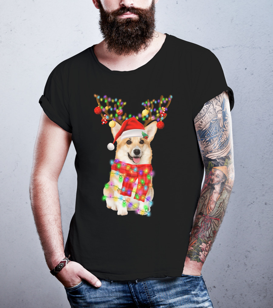 Funny Christmas Corgi Reindeer With Santa Hat And Festive Lights T-Shirt