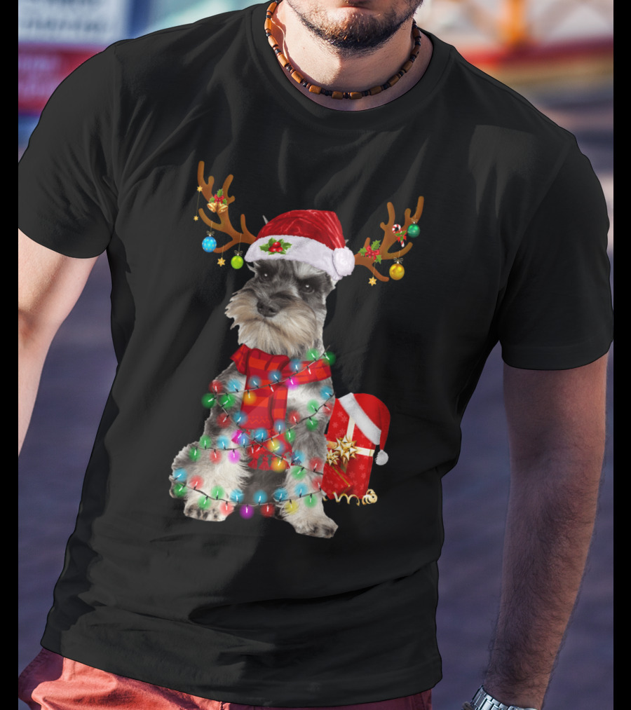 Funny Santa Hat Reindeer Miniature Schnauzer Christmas Lights T-Shirt