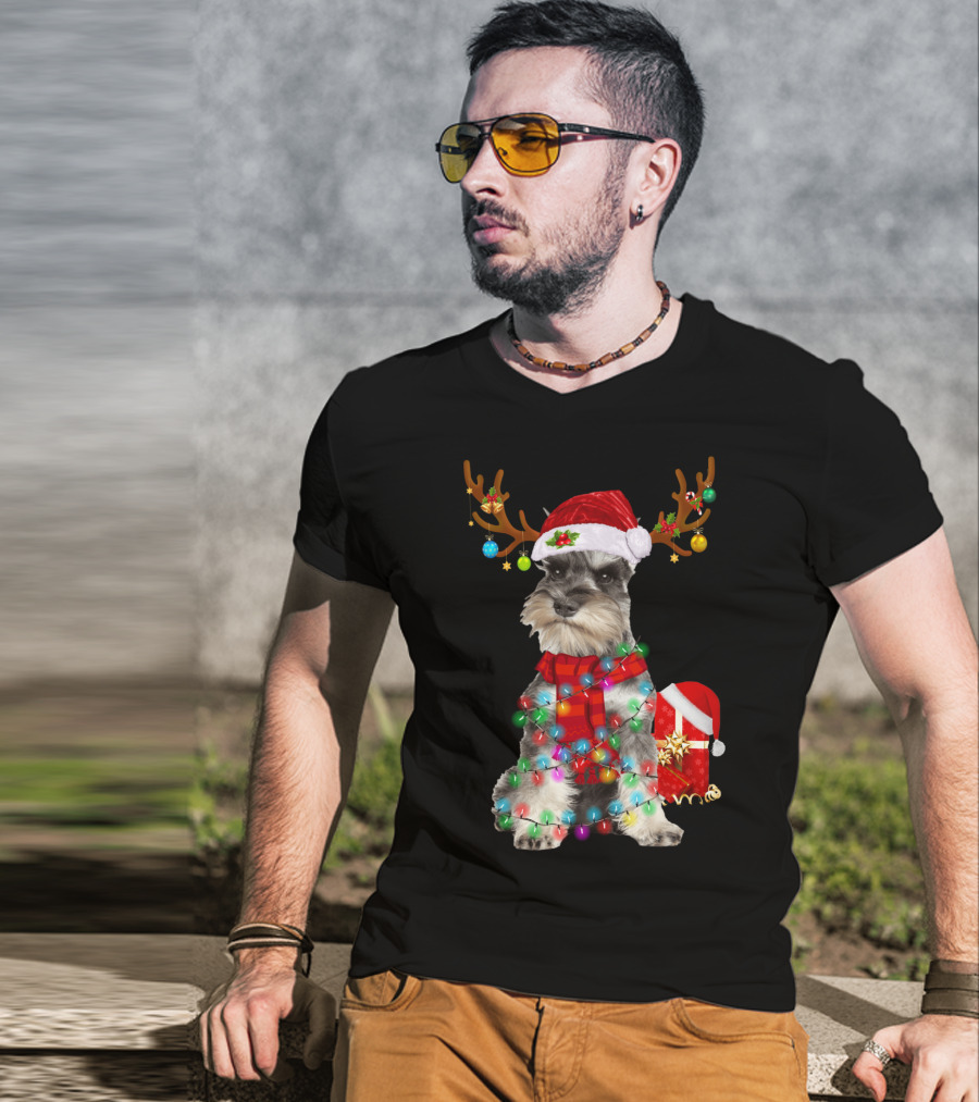 Funny Santa Hat Reindeer Miniature Schnauzer Christmas Lights T-Shirt