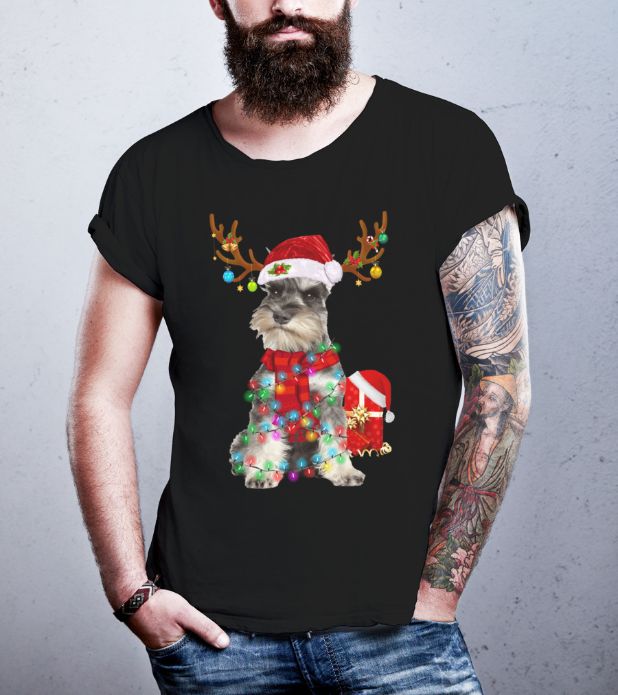 Funny Santa Hat Reindeer Miniature Schnauzer Christmas Lights T-Shirt