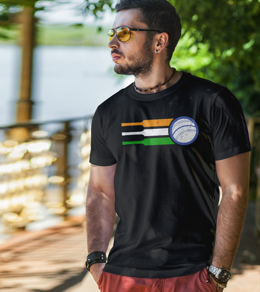 India Cricket Team Fan Flag With Cricket Ball And Tricolor T-Shirt