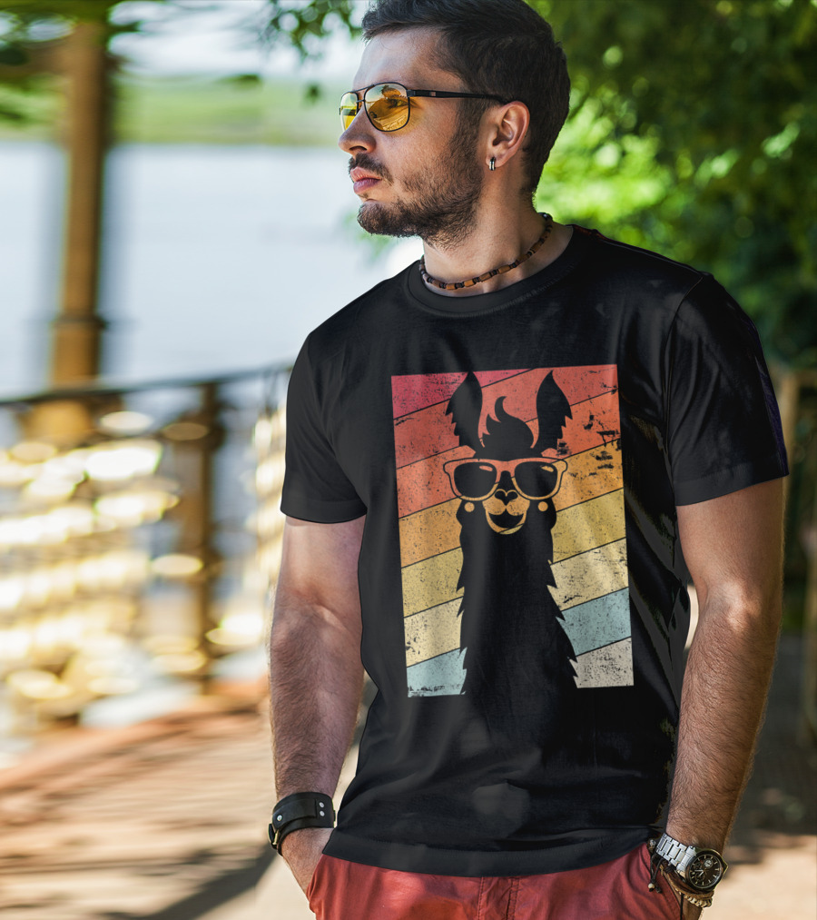Retro Llama Style Alpaca With Sunglasses On Colorful Stripes T-Shirt