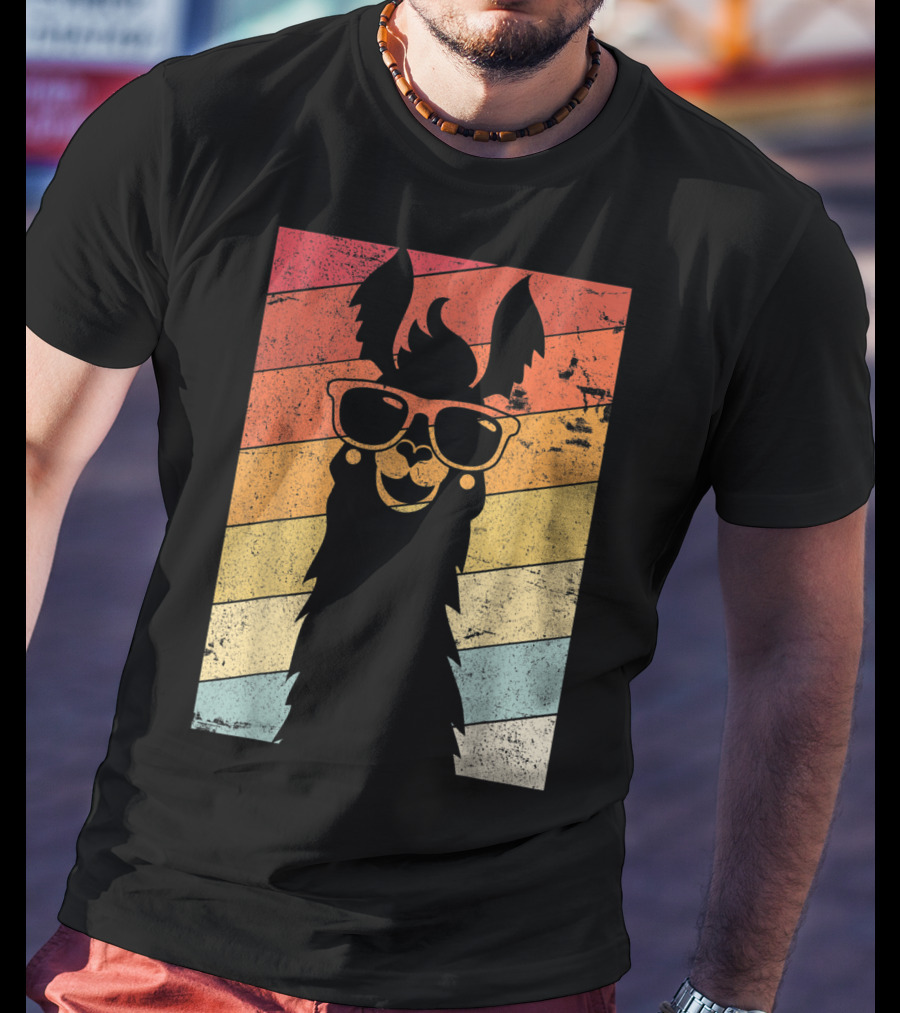 Retro Llama Style Alpaca With Sunglasses On Colorful Stripes T-Shirt