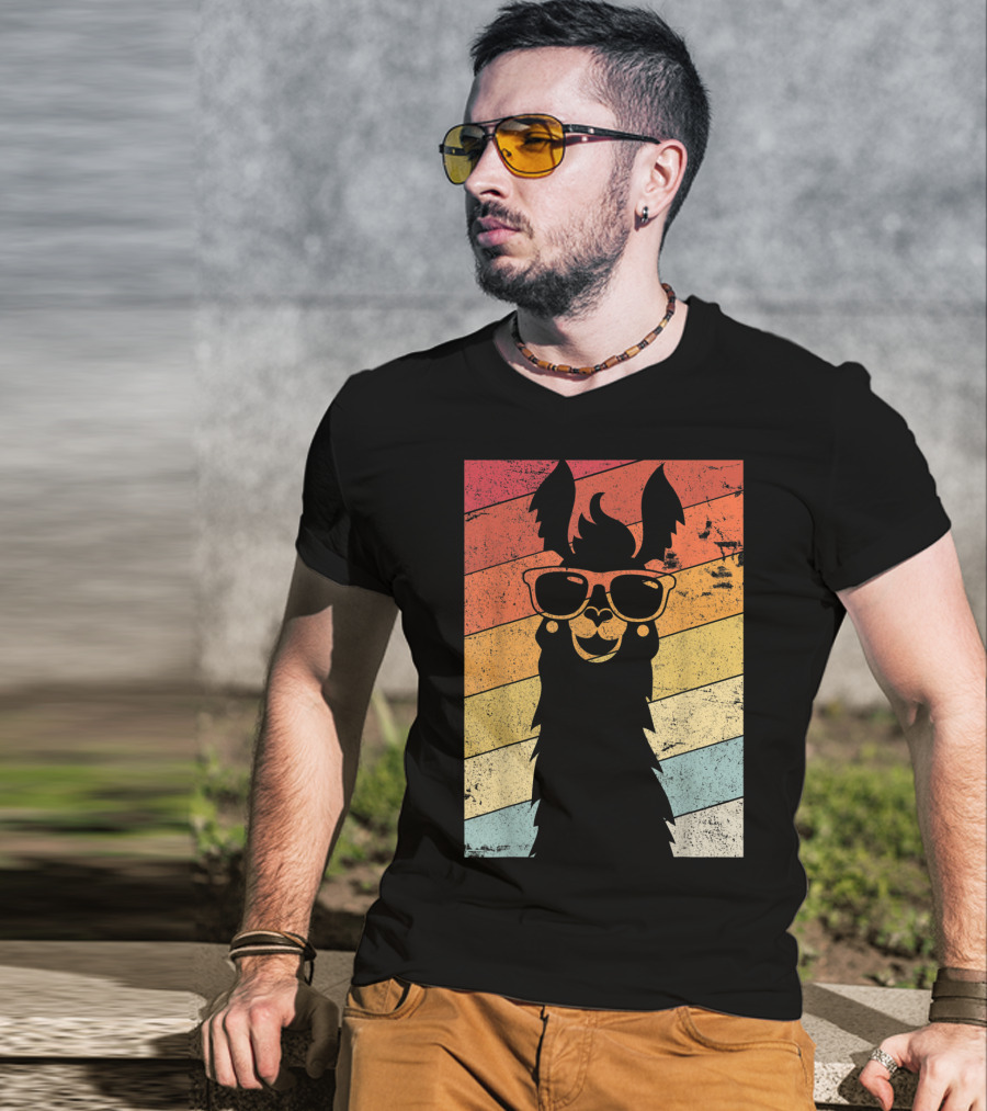 Retro Llama Style Alpaca With Sunglasses On Colorful Stripes T-Shirt
