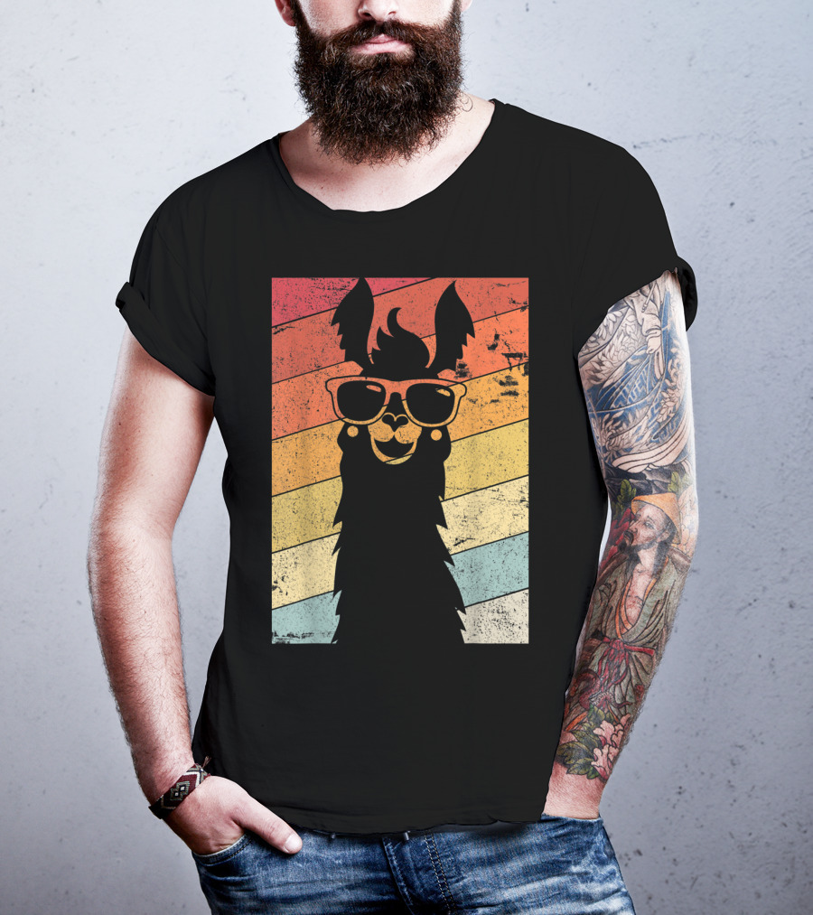 Retro Llama Style Alpaca With Sunglasses On Colorful Stripes T-Shirt