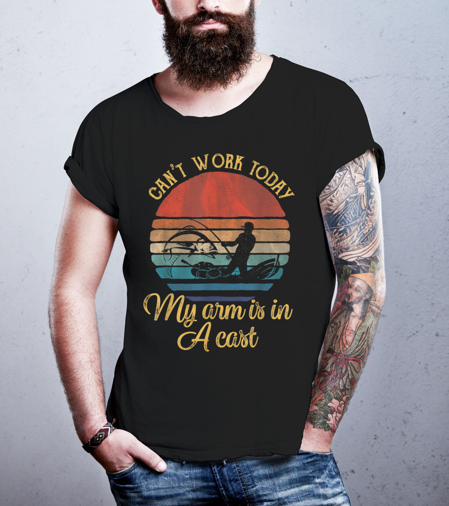 Can't Work Today My Arm Is In A Cast Vintage Sunset Fishing T-Shirt