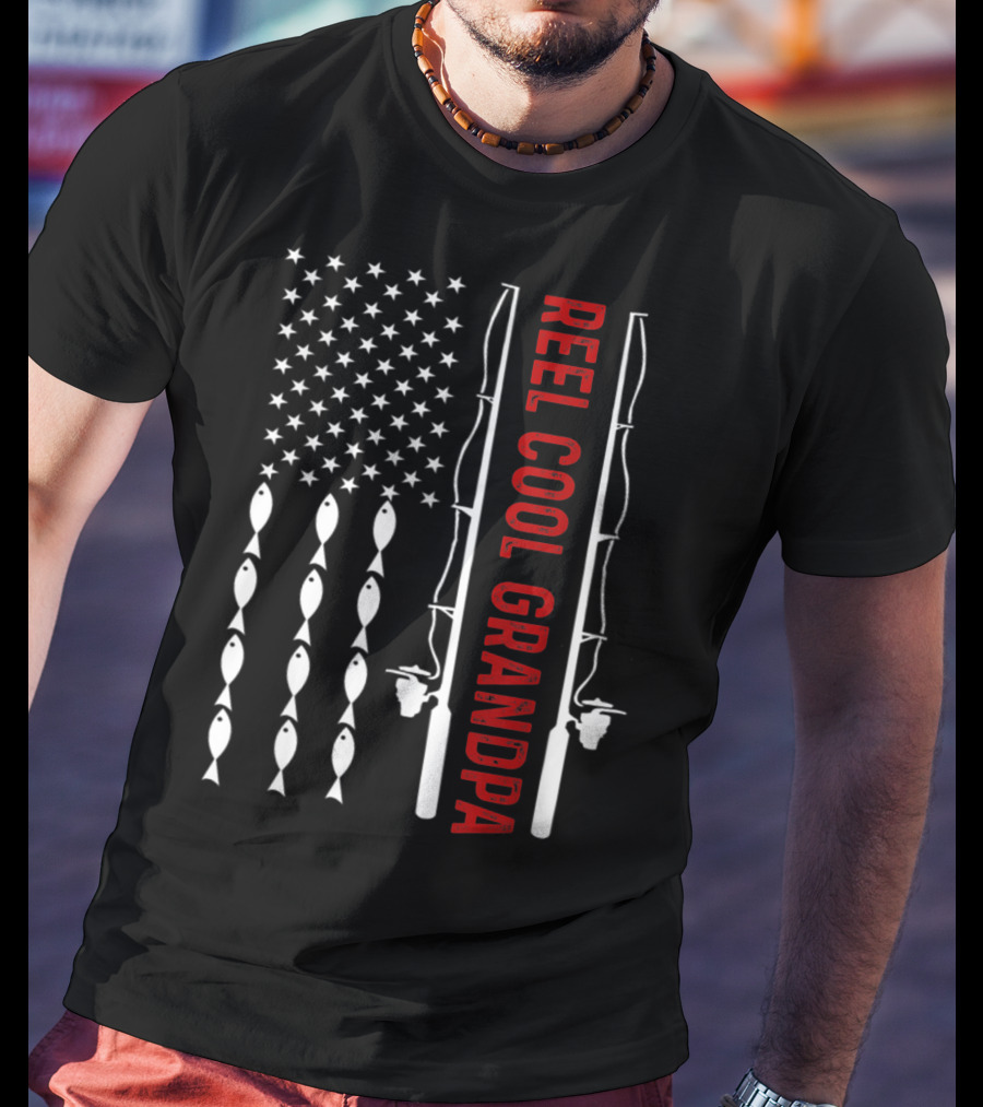 Reel Cool Grandpa Fishing Flag With Stars And Fish Rods T-Shirt