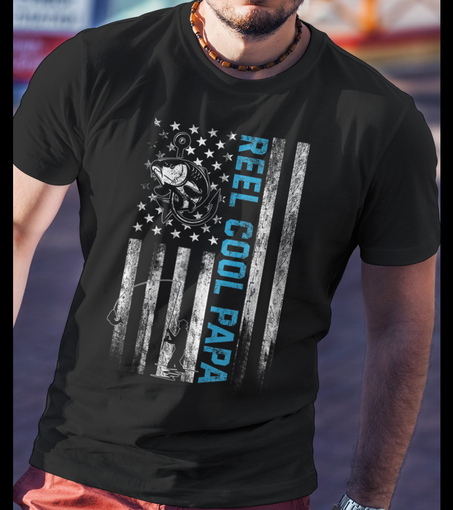 Reel Cool Papa American Flag Fishing Fish T-Shirt