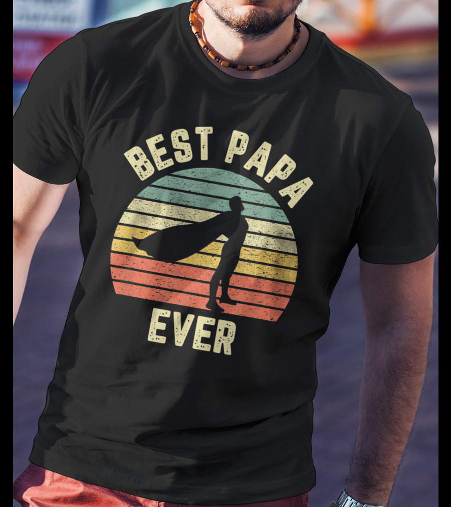 Best Papa Ever Superhero Vintage Retro Stripes T-Shirt
