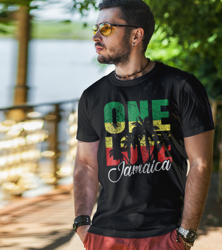 One Love Jamaica Caribbean Vacation Reggae Colors Palm Trees T-Shirt