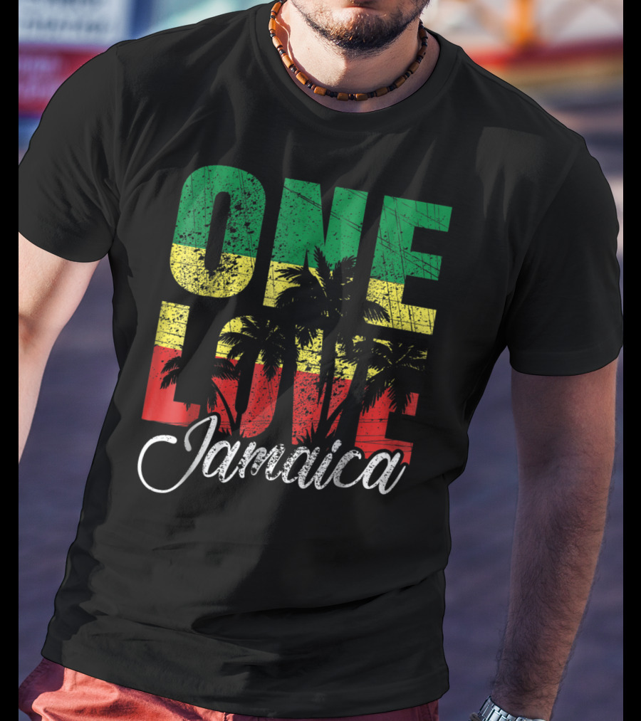 One Love Jamaica Caribbean Vacation Reggae Colors Palm Trees T-Shirt
