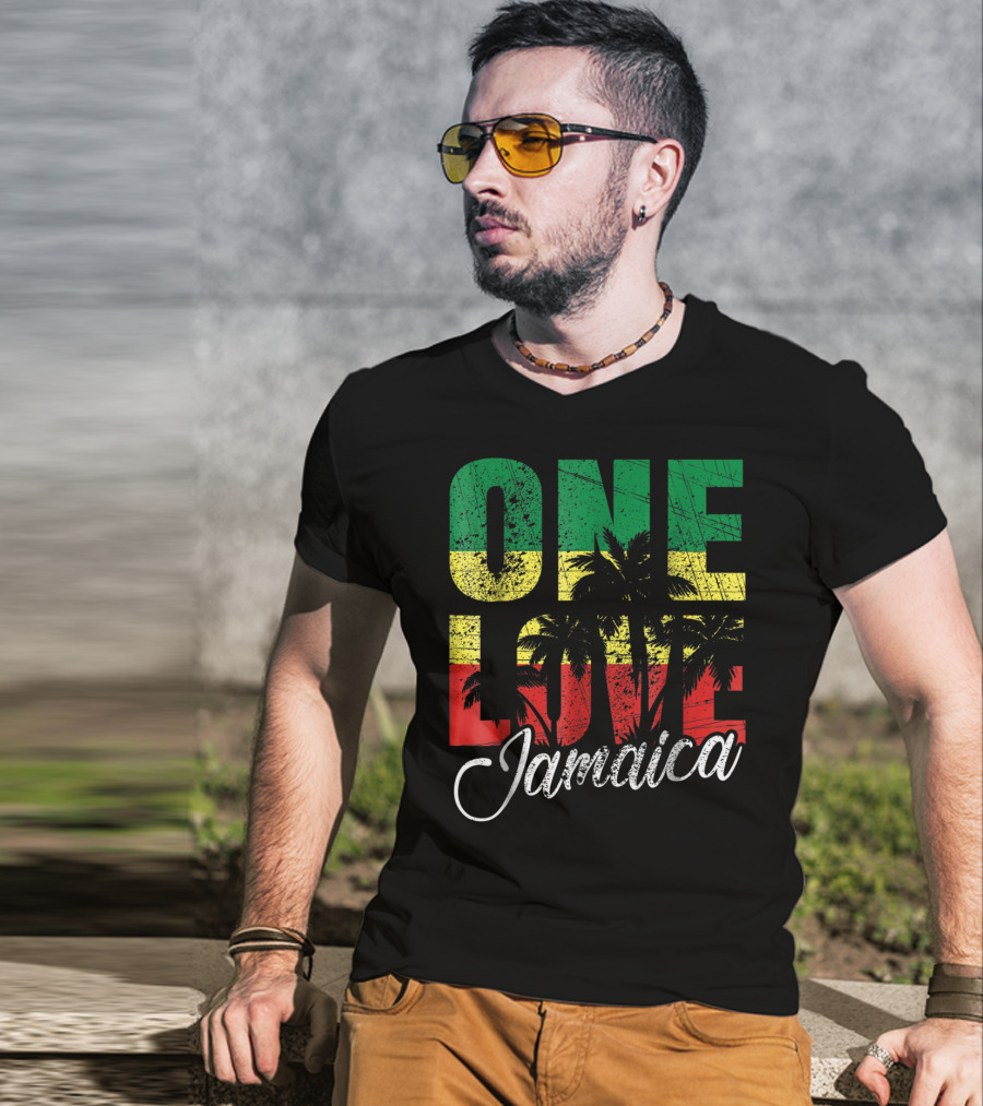 One Love Jamaica Caribbean Vacation Reggae Colors Palm Trees T-Shirt