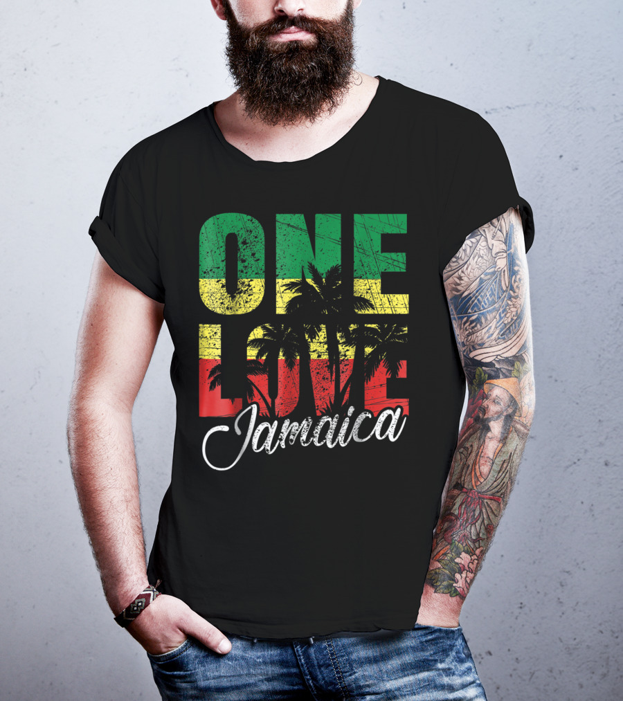 One Love Jamaica Caribbean Vacation Reggae Colors Palm Trees T-Shirt
