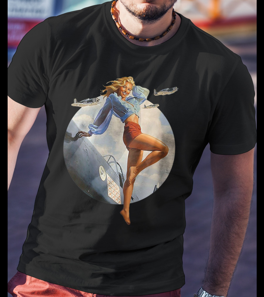Pin Up Blonde With WWII 40s Air Force Plane And Iconic T-Shirt