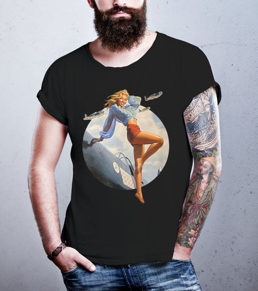 Pin Up Blonde With WWII 40s Air Force Plane And Iconic T-Shirt