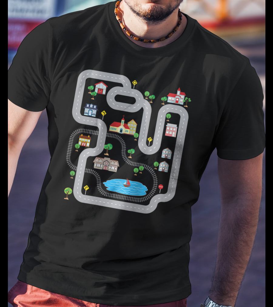 Playmat Road With Train Track And Car Race Route Through Town T-Shirt