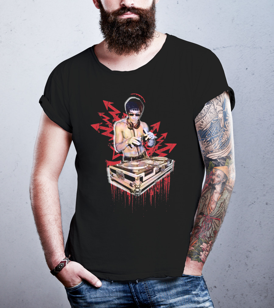 Psycho Bruce Dj Mixing Beats With Red Arrow Background T-Shirt