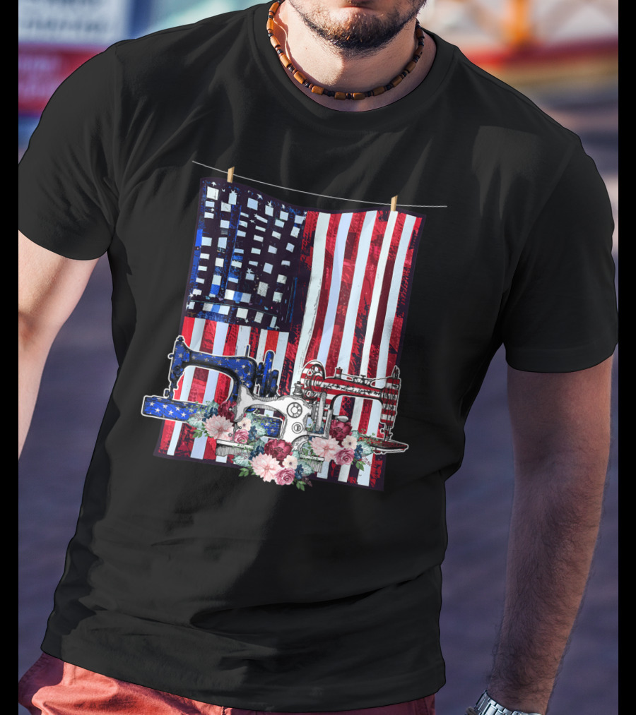 American Quilting Sewing Machines USA Flag Floral T-Shirt
