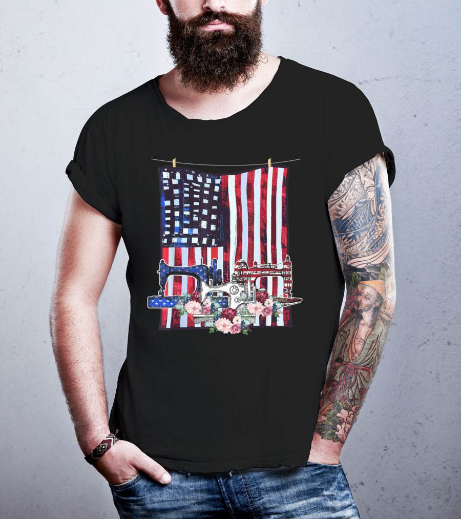 American Quilting Sewing Machines USA Flag Floral T-Shirt