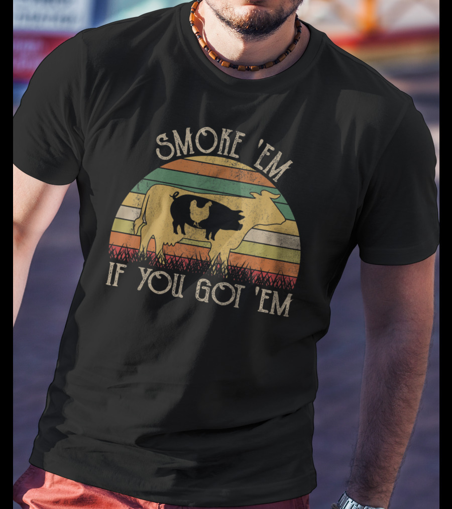 Retro Smoke 'Em If You Got 'Em BBQ Grilling Cow Chicken Smoky Sunset Stripes T-Shirt