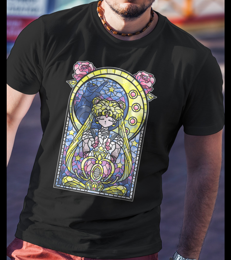 Sailor Moon Blessing Stained Glass Style Roses And Moon Phases T-Shirt