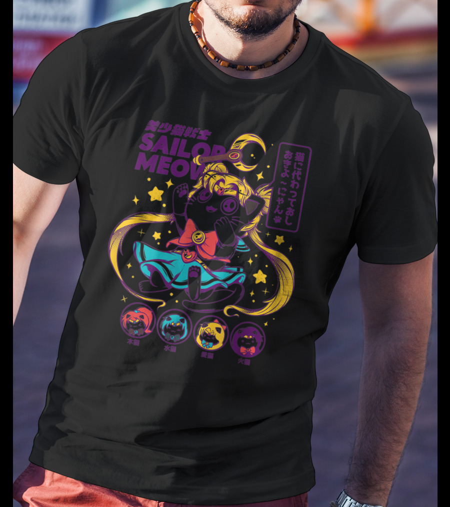 Sailor Meow Moon Anime Cat With Stars And Symbols T-Shirt