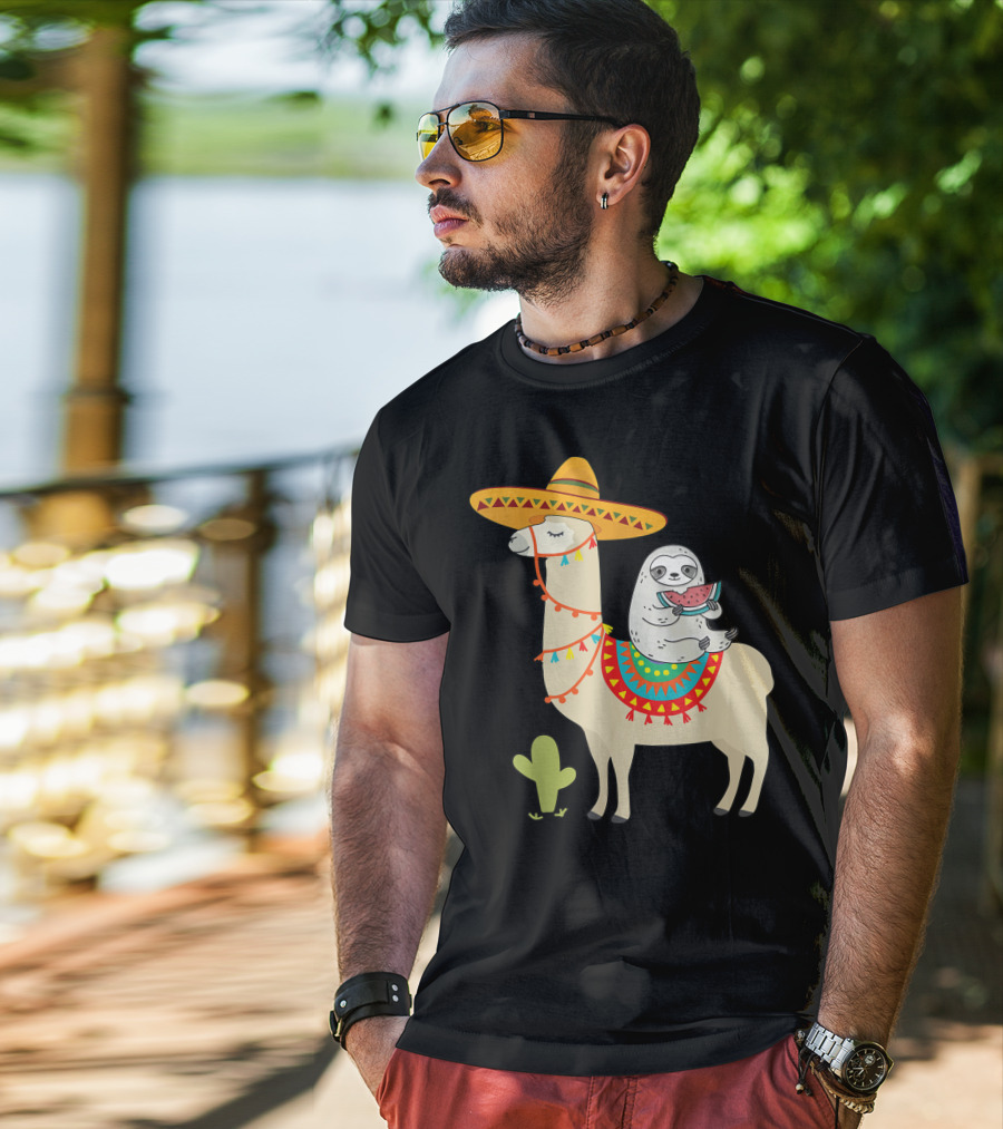 Cinco De Mayo Sloth Riding Llama Fiesta With Sombrero And Cactus T-Shirt