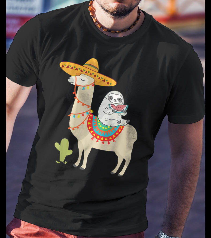 Cinco De Mayo Sloth Riding Llama Fiesta With Sombrero And Cactus T-Shirt