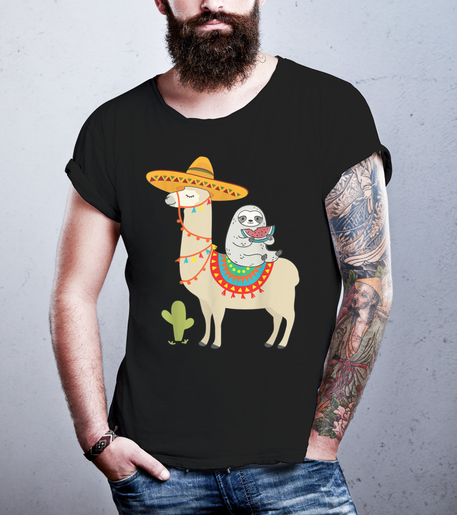 Cinco De Mayo Sloth Riding Llama Fiesta With Sombrero And Cactus T-Shirt