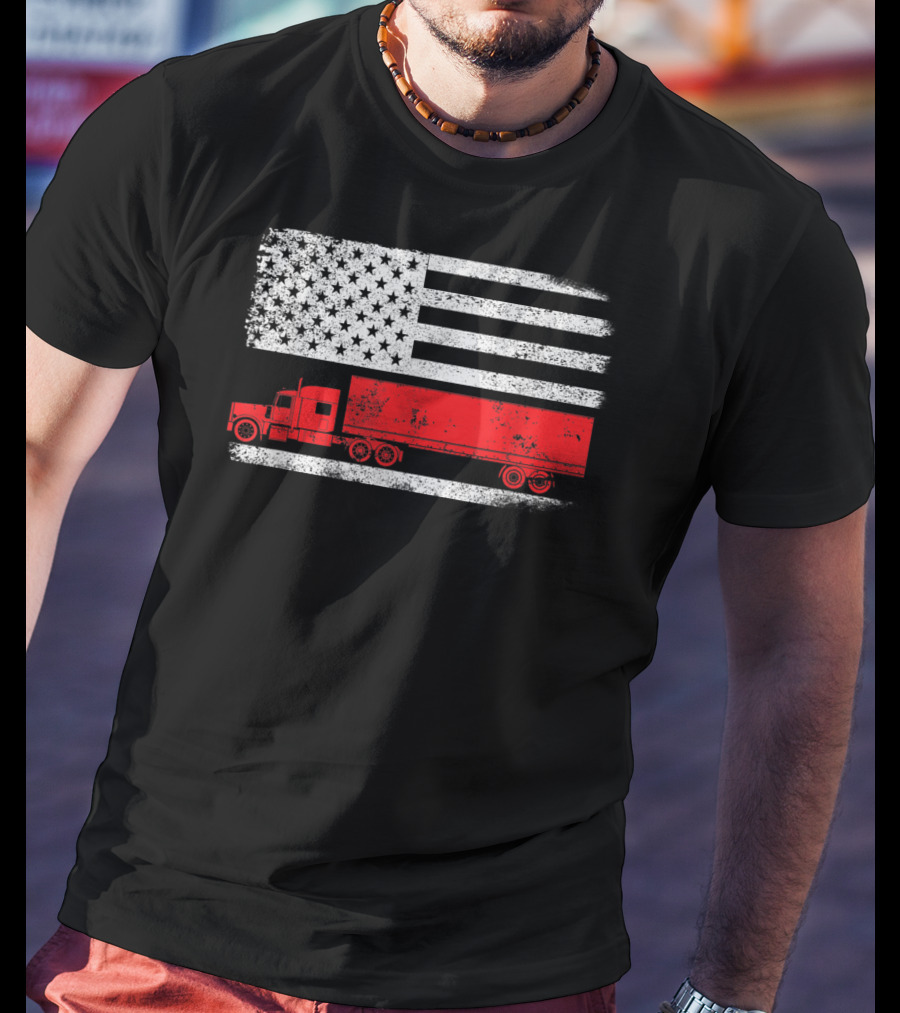 USA Flag American Trucker Red Semi Truck T-Shirt