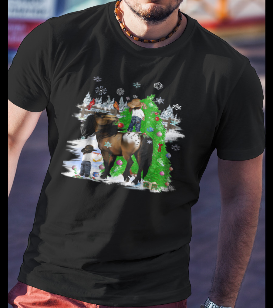 Holiday Cowboy Christmas Scene With Horse Snowflakes And Tree T-Shirt