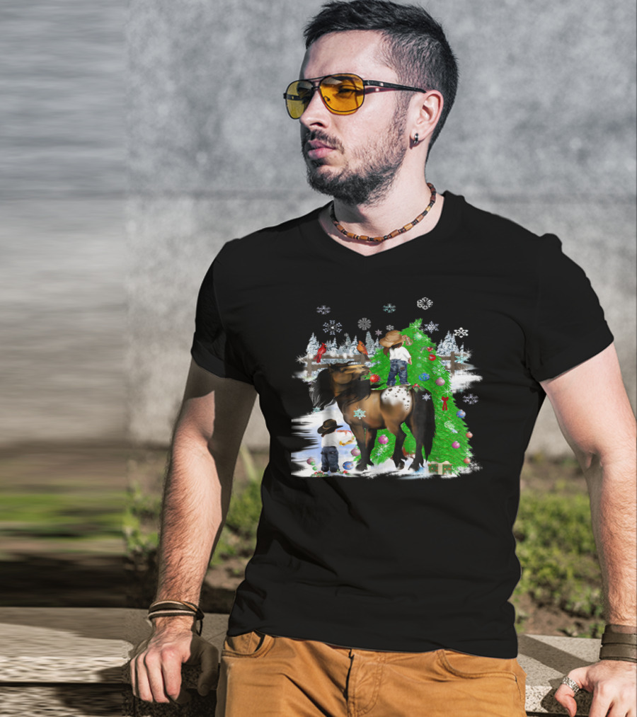 Holiday Cowboy Christmas Scene With Horse Snowflakes And Tree T-Shirt