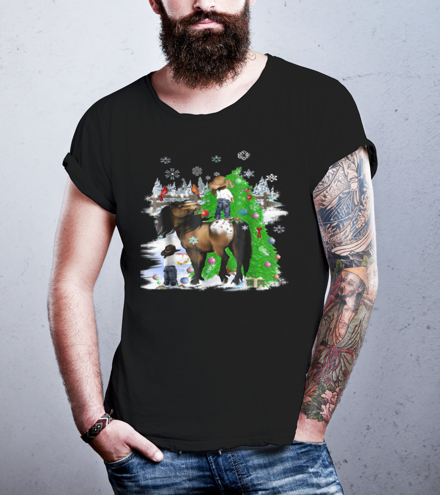 Holiday Cowboy Christmas Scene With Horse Snowflakes And Tree T-Shirt