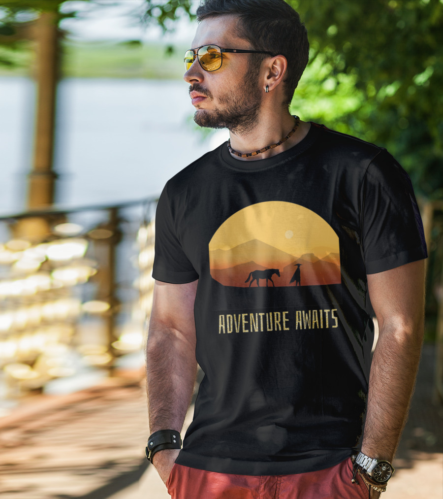 Adventure Awaits Sunset Man Horse Mountains T-Shirt