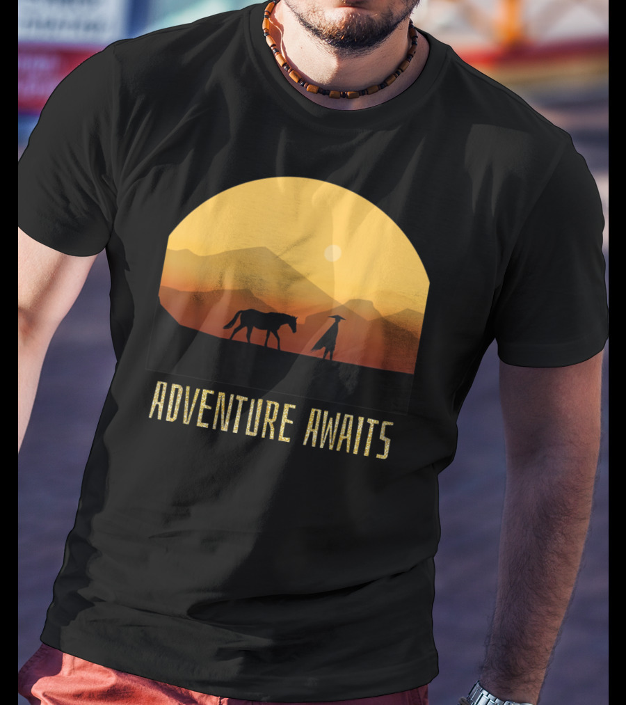 Adventure Awaits Sunset Man Horse Mountains T-Shirt