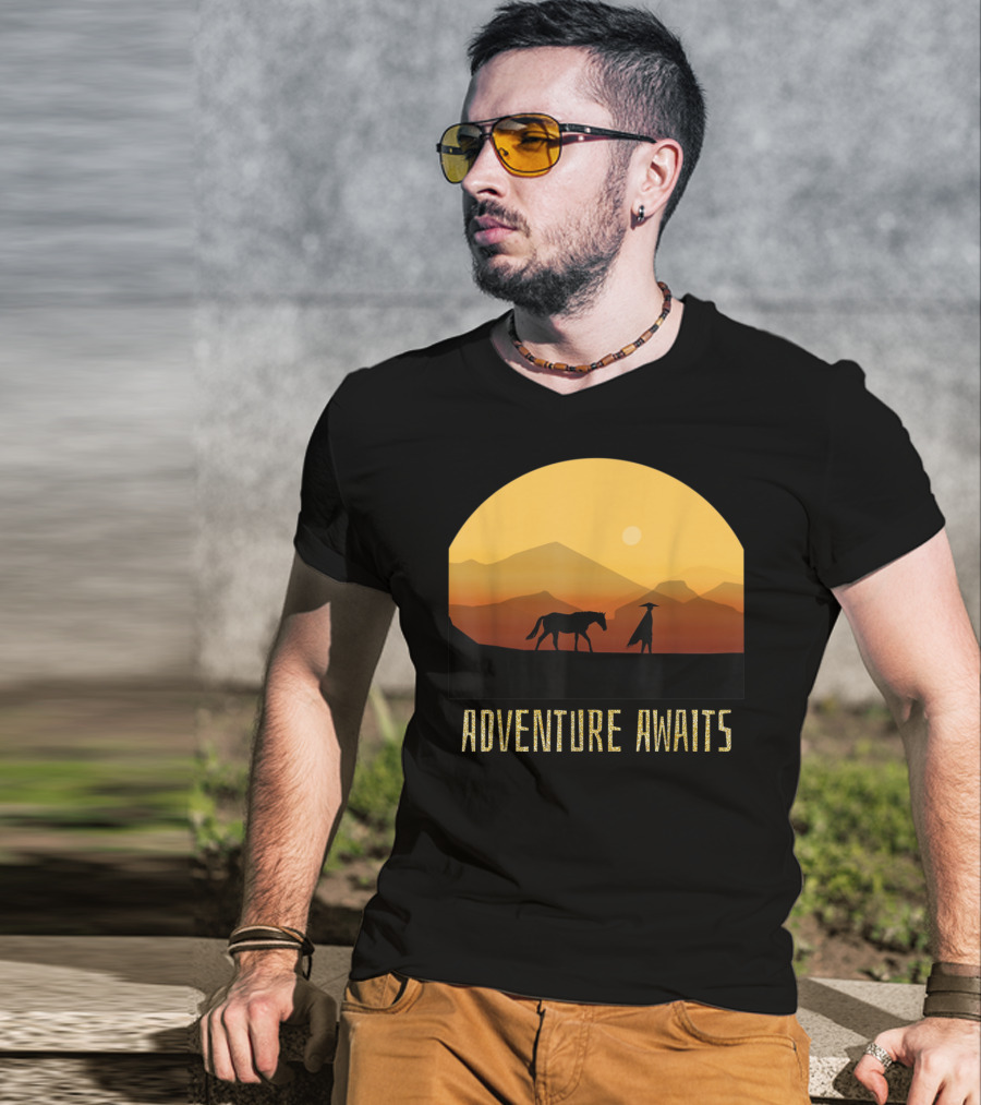 Adventure Awaits Sunset Man Horse Mountains T-Shirt